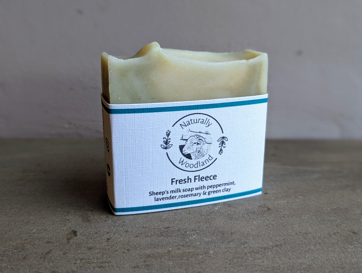 Naturally Woodland Natural gentle sheep's milk soap with Whitefaced Woodland sheep milk, peppermint, lavender and rosemary. Handmade in Yorkshire. Soap for sensitive skin.