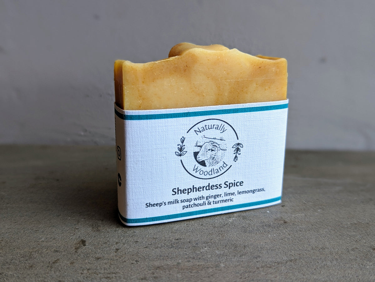 Naturally Woodland Natural gentle sheep's milk soap with Whitefaced Woodland sheep milk, Ginger, Lime, Lemongrass and Patchouli. Handmade in Yorkshire. Soap for sensitive skin.