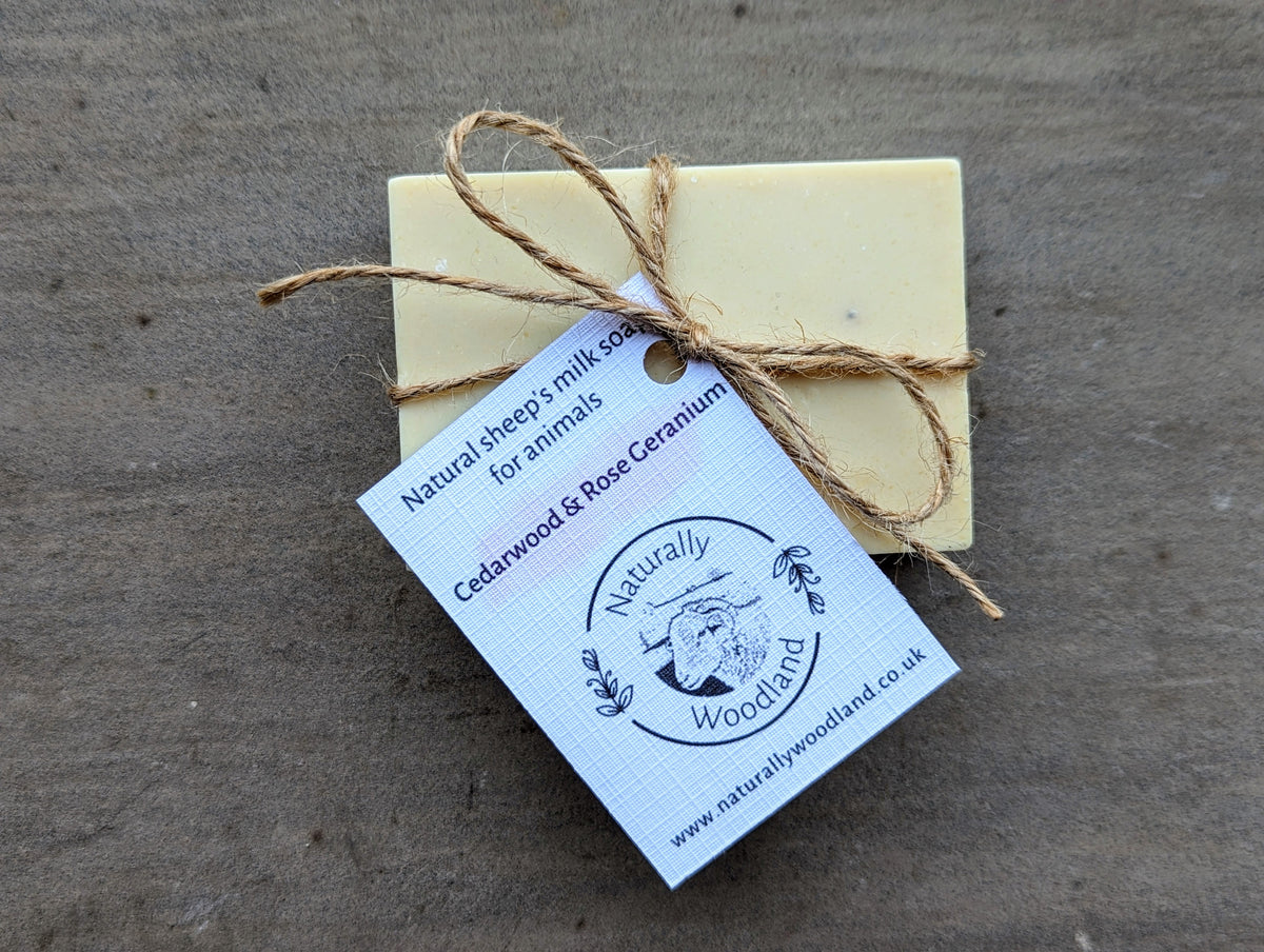 Naturally Woodland horse soap shampoo bar with sheep milk, cedarwood and rose geranium. Handmade in Yorkshire