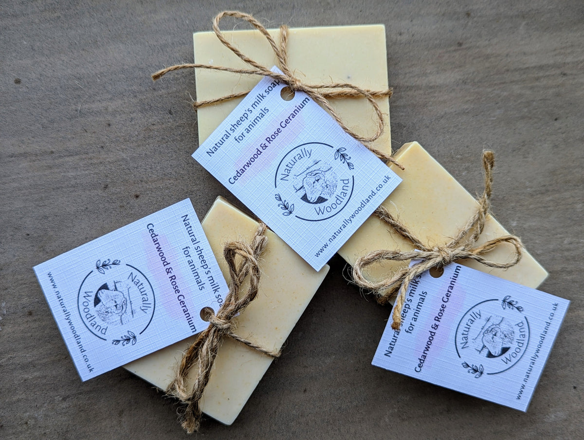 Naturally Woodland Dog friendly soap shampoo bar with sheep milk, cedarwood and rose geranium. Handmade in Yorkshire