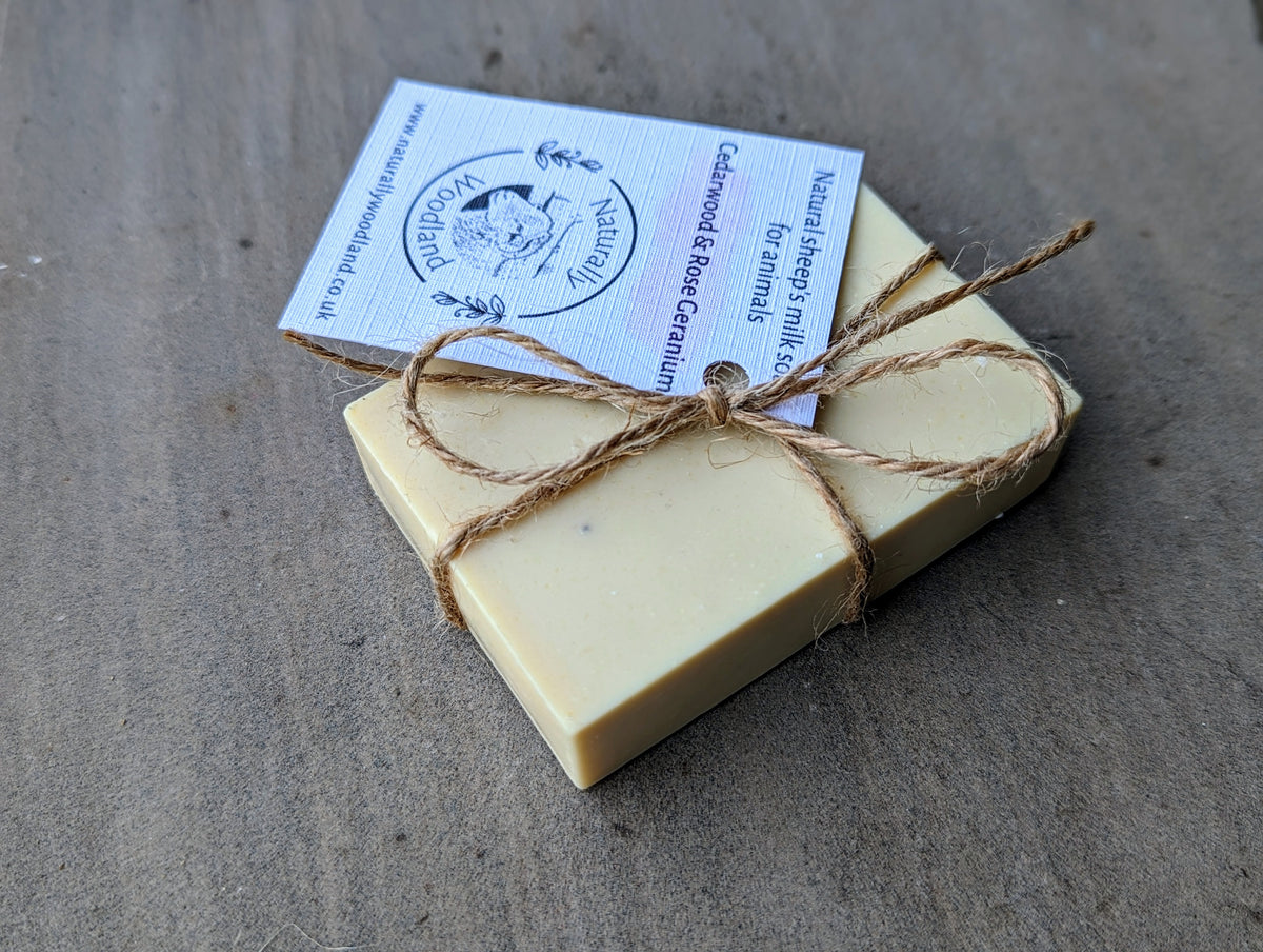 Naturally Woodland Natural animal soap with sheep milk, cedarwood and rose geranium. Handcrafted in Yorkshire