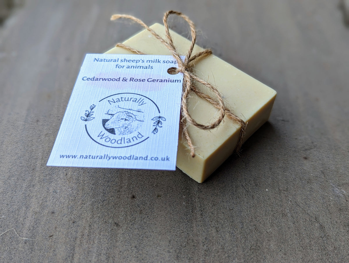 Naturally Woodland Natural dog soap with sheep milk, cedarwood and rose geranium. Handmade in Yorkshire