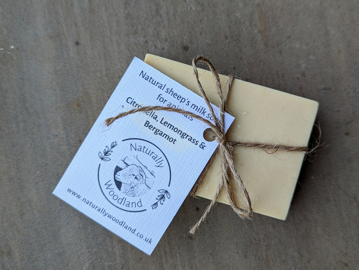 Naturally Woodland Dog friendly soap shampoo bar with sheep milk, citronella, lemongrass and bergamot. Handmade in Yorkshire