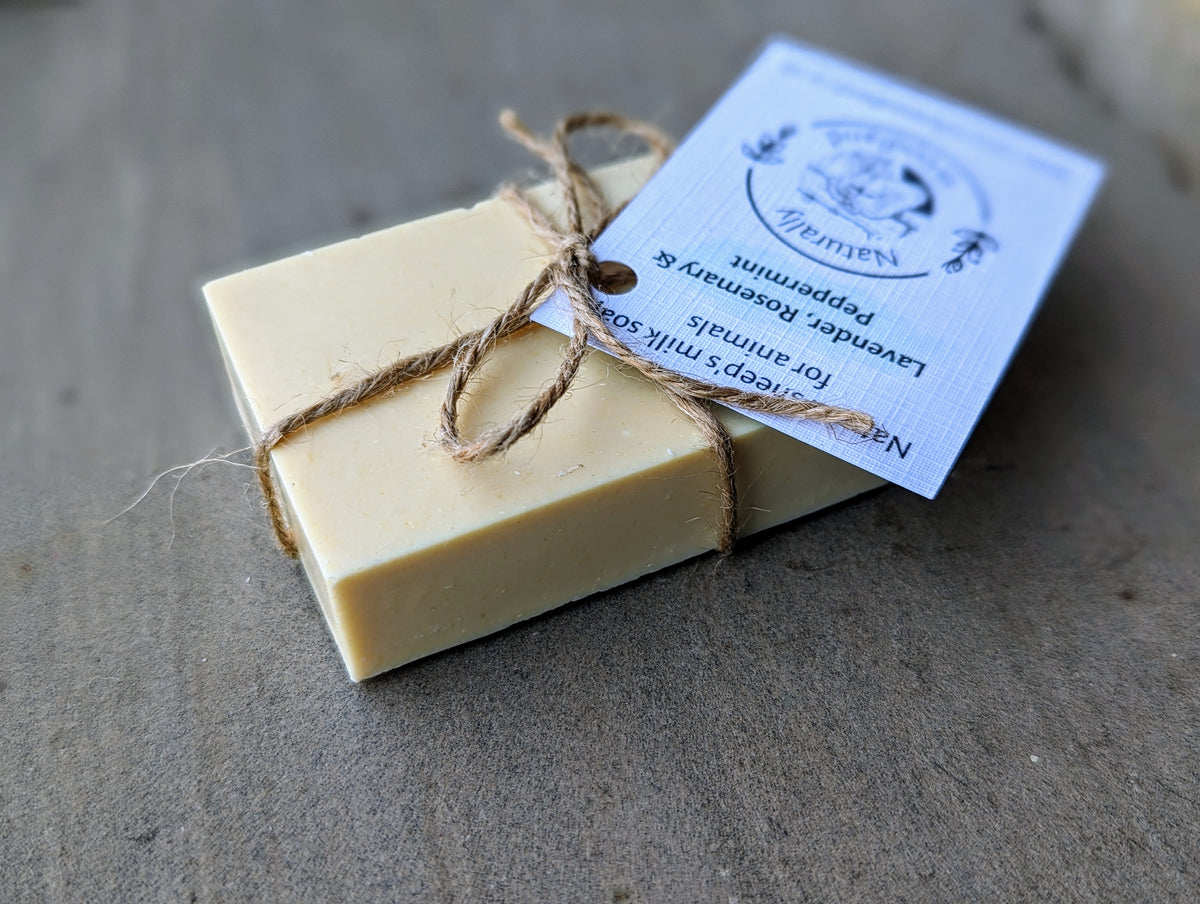 Naturally Woodland Natural animal soap with sheep milk, lavender, rosemary and peppermint. Handcrafted in Yorkshire