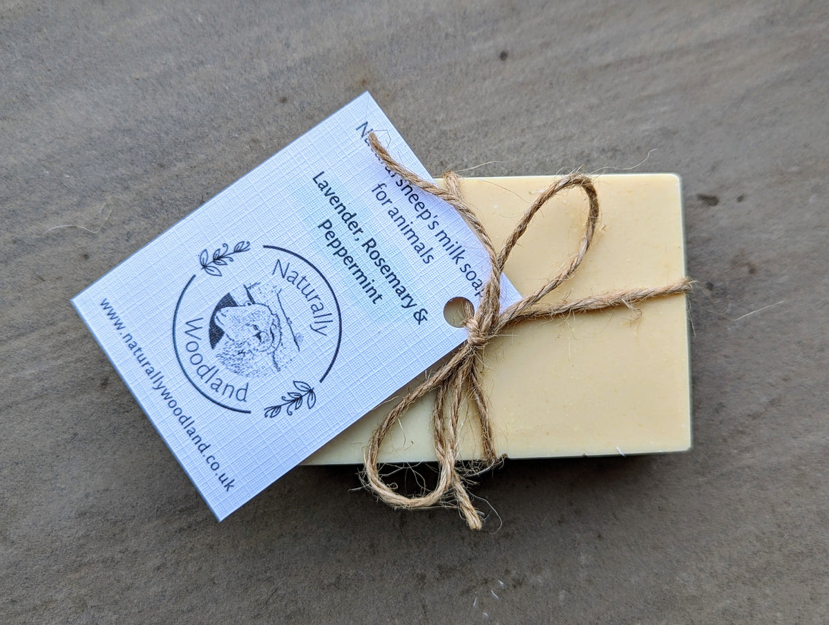 Naturally Woodland horse soap shampoo bar with sheep milk, lavender, rosemary and peppermint. Handmade in Yorkshire